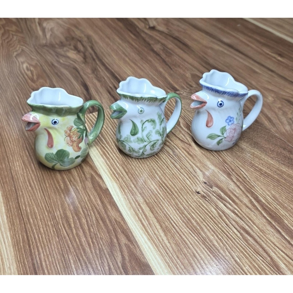 Vintage Chicken Creamer Pitcher Set Floral Hand Painted Pottery‎ Farmhouse Decor